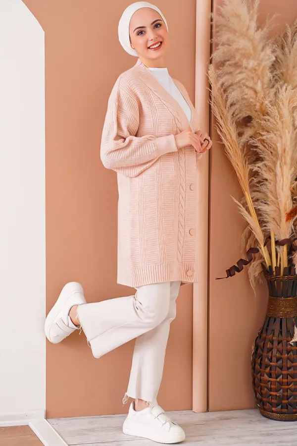 15768 Tesettür Triko Hırka - Pudra