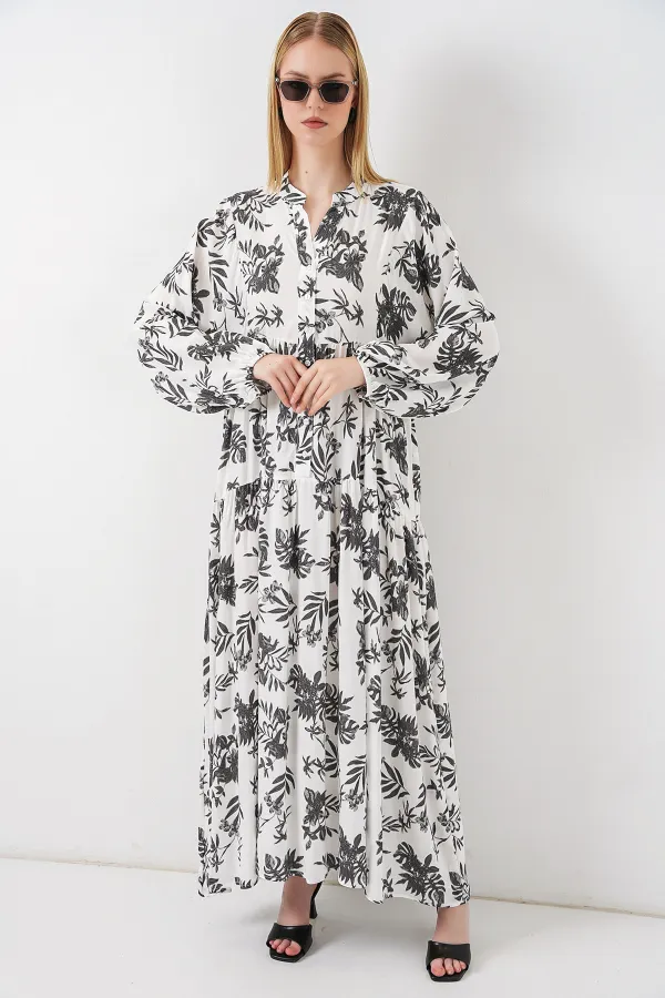 Kadın Desenli Uzun Tesettür Elbise 2585 - V. Antrasit