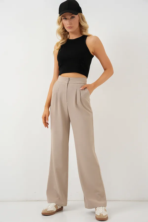6638 Yüksek Bel Palazzo Pantolon - A.Bej