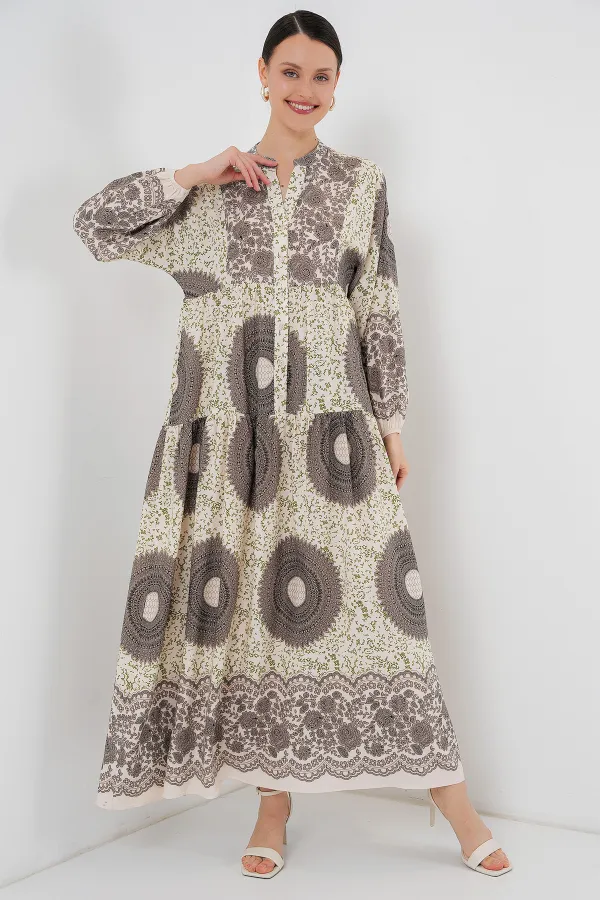 2423 Authentic Patterned Hijab Dress - F.KAHVE