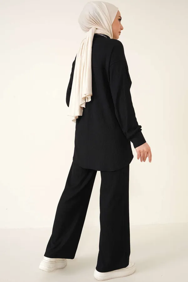 Ensemble deux pièces hijab tricoté T5858 - Noir