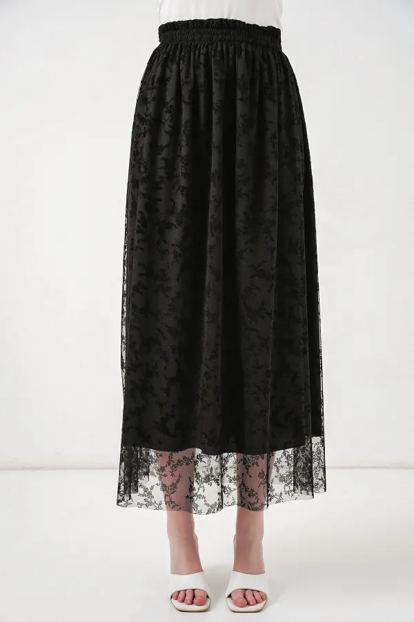 Kadın Flok Baskılı Astarlı Etek 8076 - Siyah