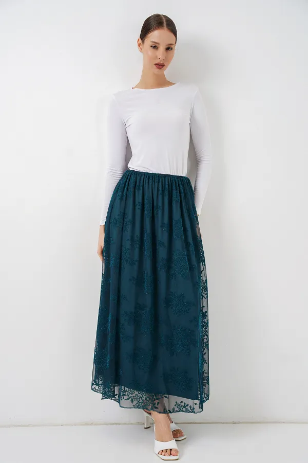 Jupe longue en tulle imprimé floqué pour femme 8070 - Pétrole