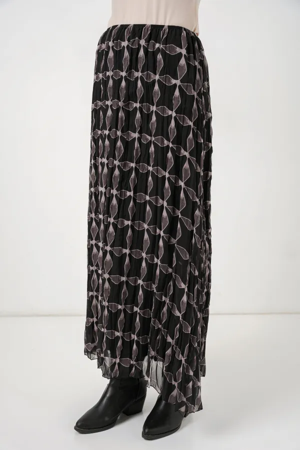 Jupe en mousseline doublée à motifs pour femme 8058 - Noire