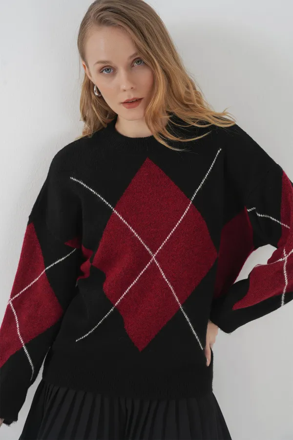 Pull oversize en maille à motif baklava 15895 - Noir