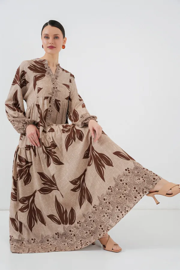 Robe hijab à motifs authentiques 2423 - Beige F.