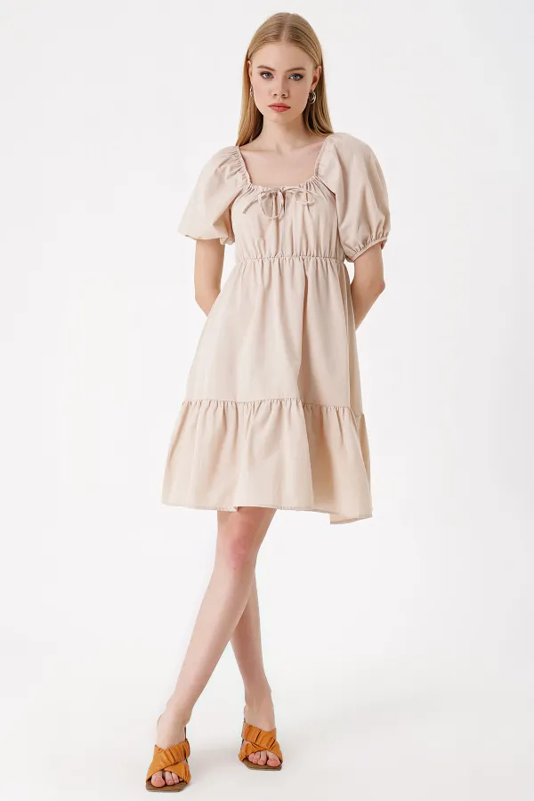 Robe évasée en popeline beige 2351