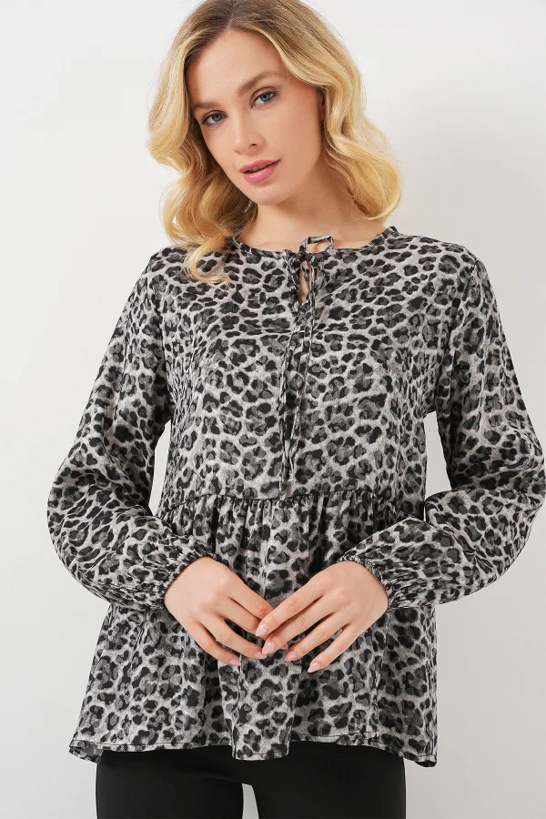 Kadın Desenli Uzun Kol Bluz 970 - Antrasit