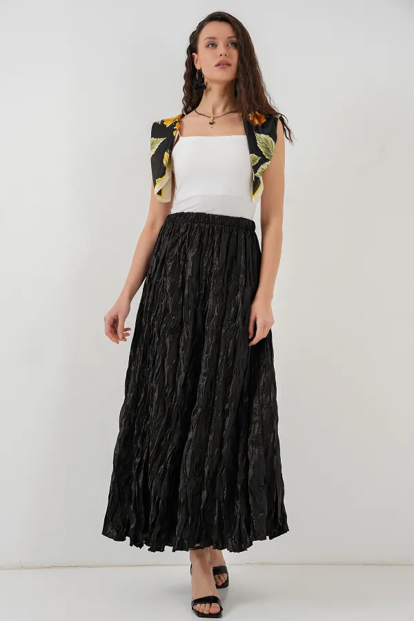 Jupe longue froissée brillante pour femme 8034 - Noire