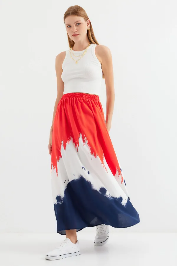 8025 Patterned Long Viscose Skirt - Red