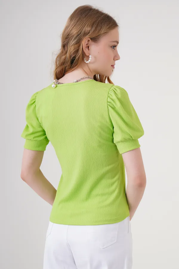 Chemisier tricoté à col carré 0409 - Vert écru