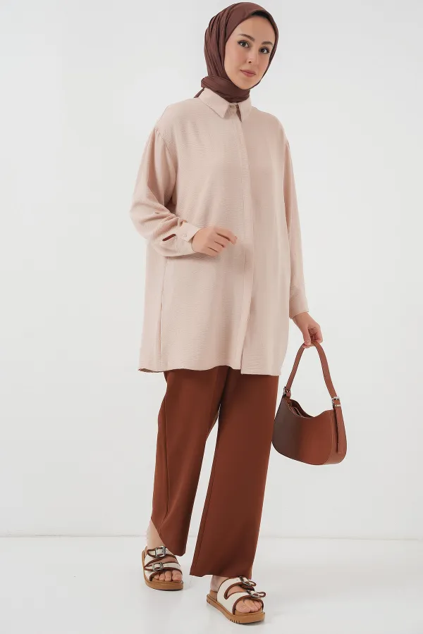 Kadın Uzun Gömlek Tunik 5945 - Krem