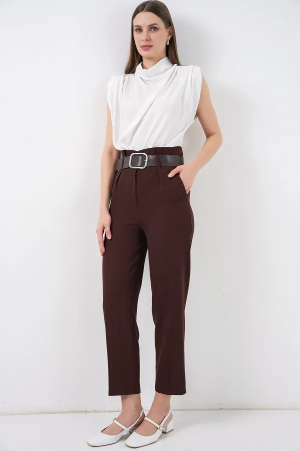 6556 Kemerli Kumaş Pantolon - Kahverengi