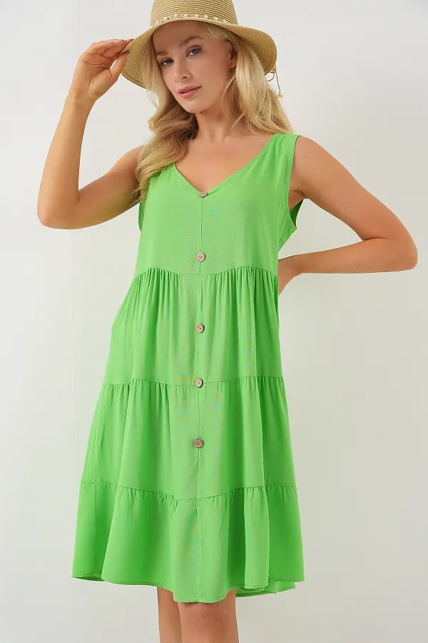 Women's Sleeveless Buttoned Short Dress 2571 - Green