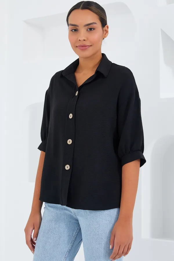 Chemise oversize en lin noir à manches courtes pour femme 20240