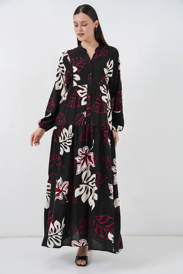 Kadın Desenli Uzun Tesettür Elbise 2585 - Z.Siyah