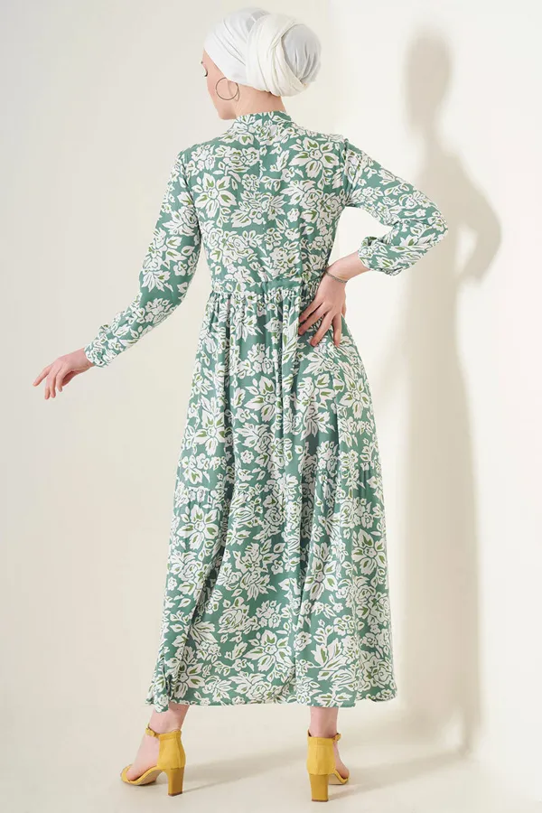 2144 Hakim Yaka Tesettür Elbise - Çağla