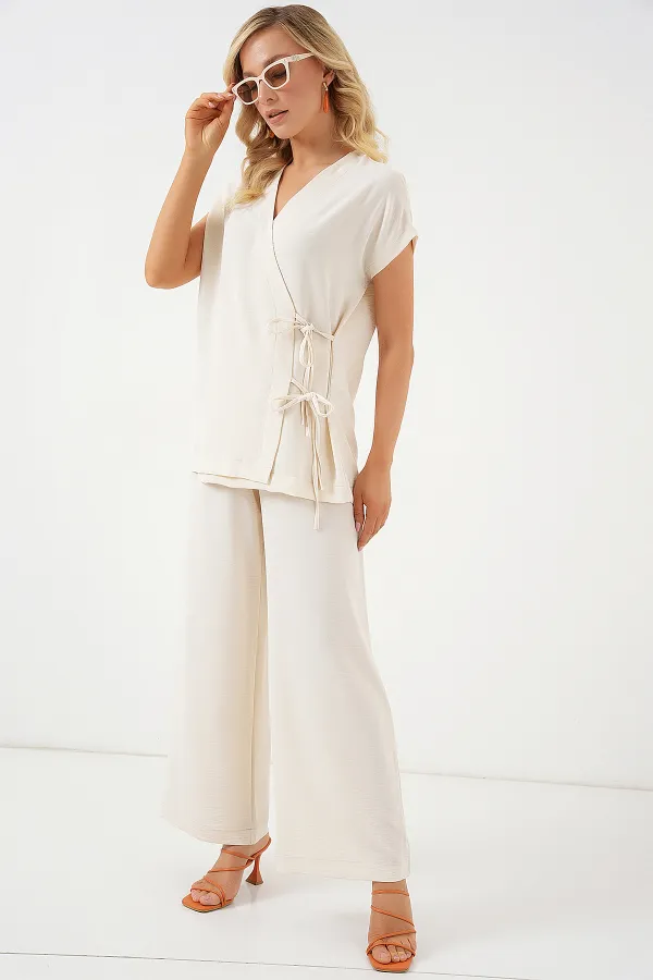 Ensemble deux pièces Ayrobin à manches courtes et lacets pour femme 6741 - Crème