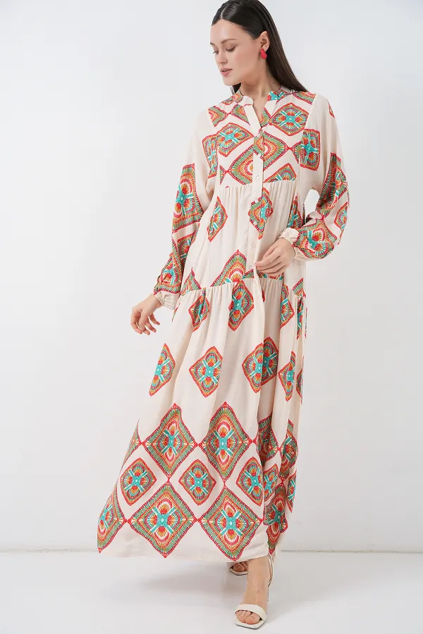 Robe longue hijab à motifs pour femme 2585 - Beige