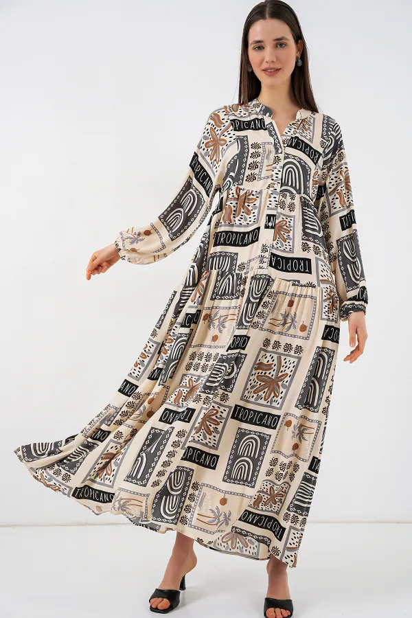 Kadın Desenli Uzun Tesettür Elbise 2585 - K. Bej