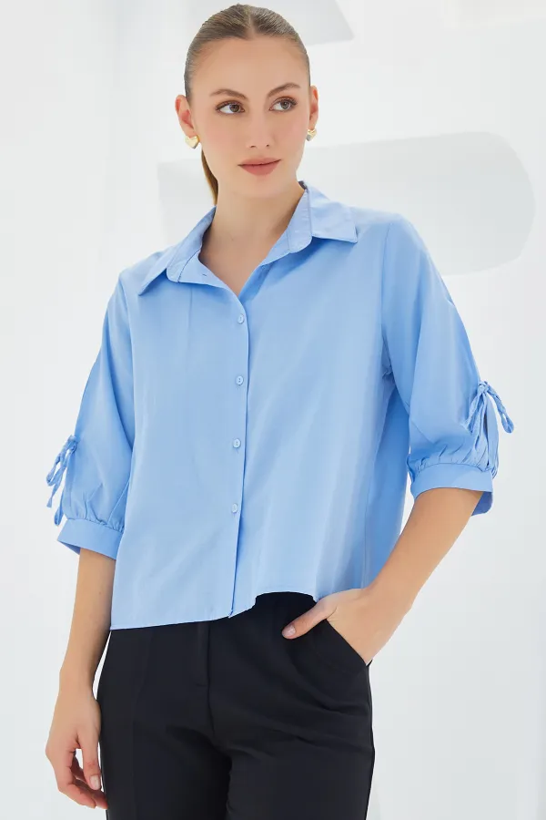 Women's Sleeve Detailed Blue Crop Shirt 20246