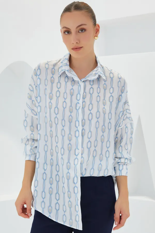 Chemise oversize en satin turquoise et blanc à motifs pour femme 3985