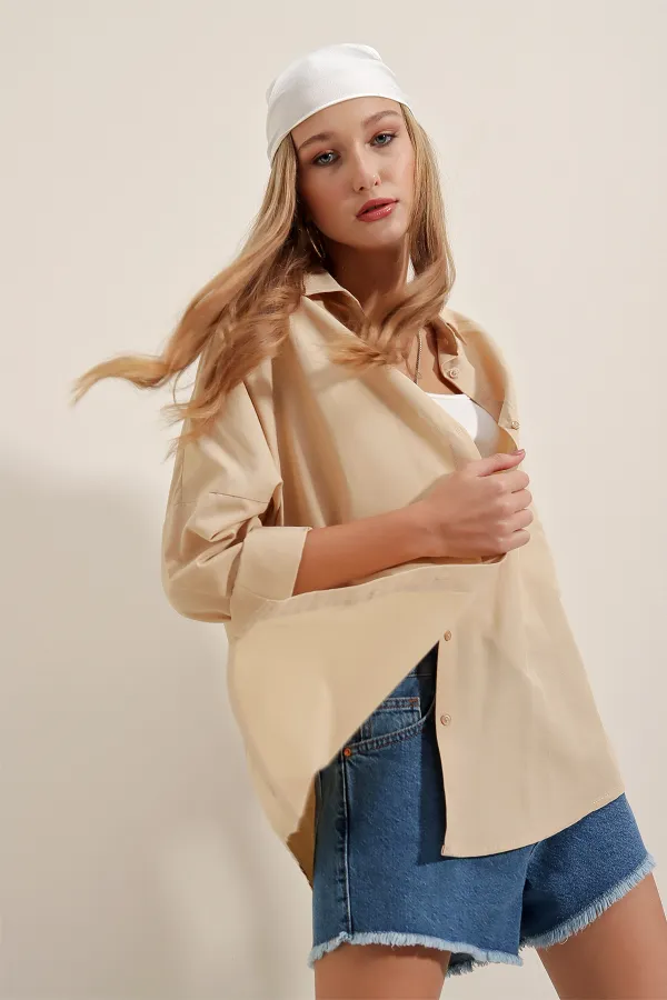 3900 Oversize Long Basic Shirt - Beige