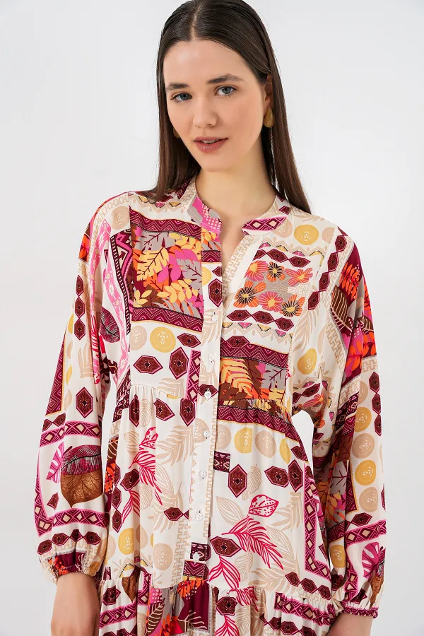 Kadın Desenli Uzun Tesettür Elbise 2585 - E. Turuncu