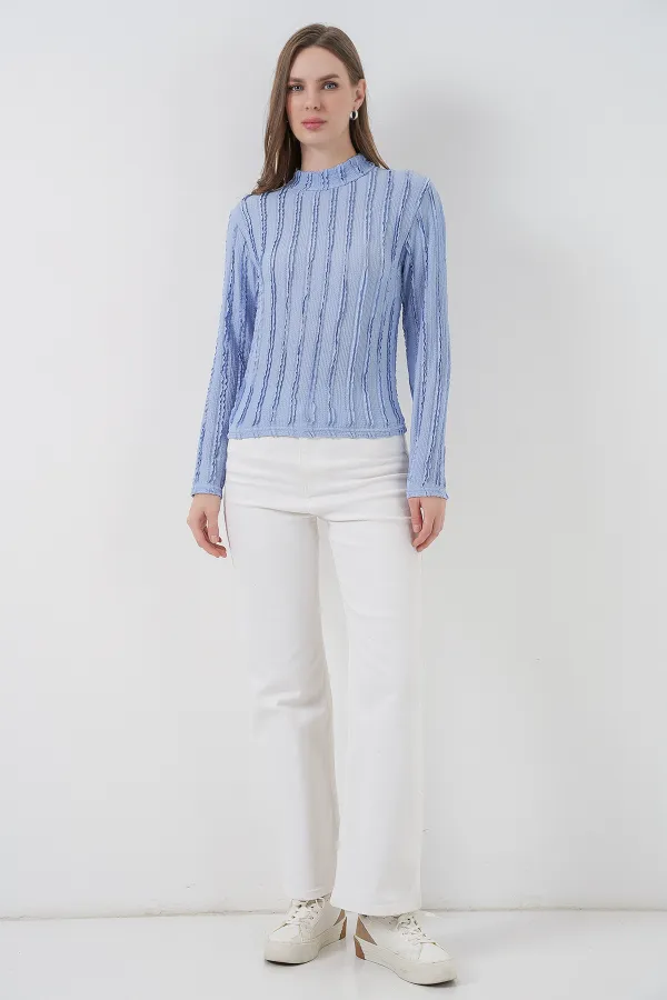Kadın Dokulu Esnek Örme Bluz 975 - Mavi