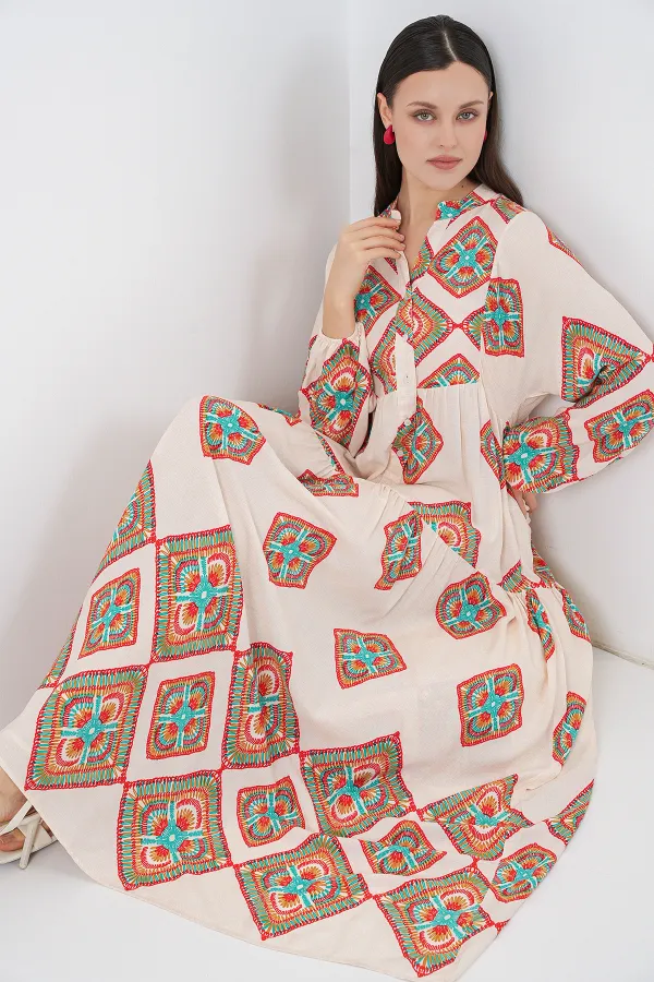 Robe longue hijab à motifs pour femme 2585 - Beige