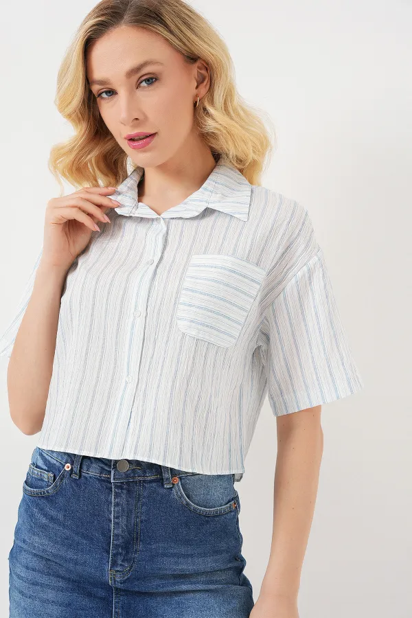Women's Striped Crop Shirt 20342 - Light Blue