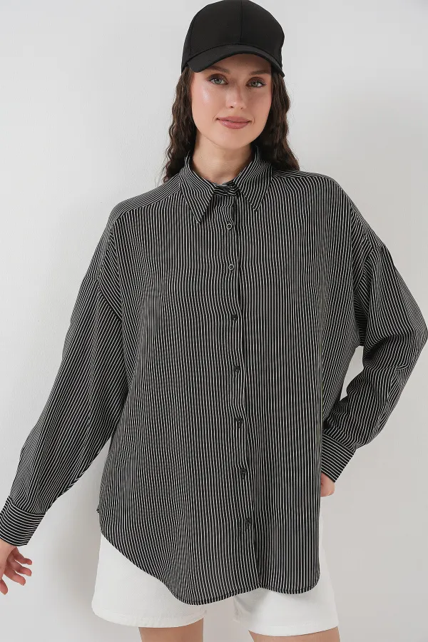 Kadın Çizgili Oversize Gömlek 20295 - Siyah