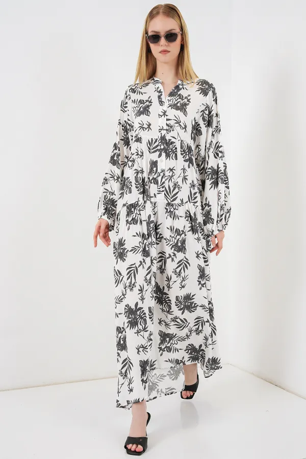 Kadın Desenli Uzun Tesettür Elbise 2585 - V. Antrasit