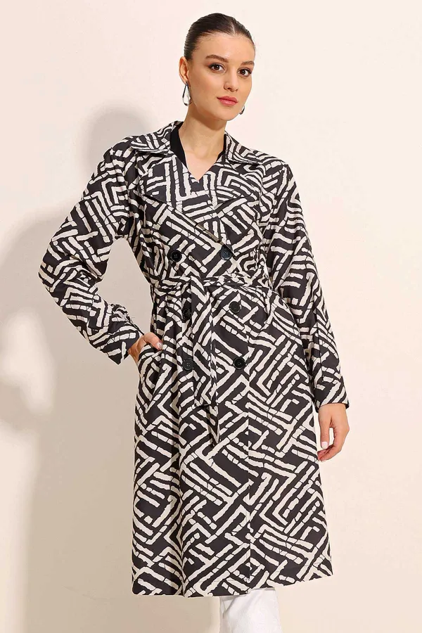 5853 Patterned Double-Breasted Trench Coat - C. Black