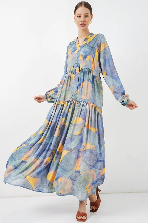 Kadın Desenli Uzun Tesettür Elbise 2585 - Açık Mavi