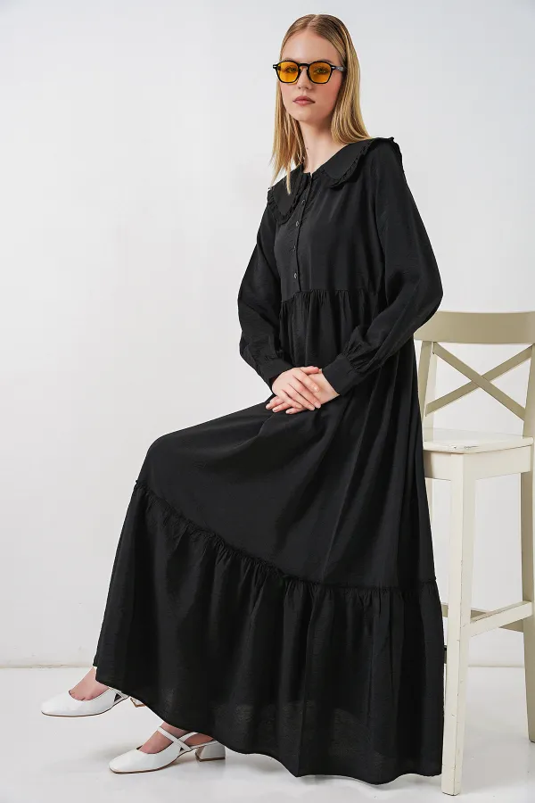 Kadın Bebe Yaka Uzun Tesettür Elbise 2592 - Siyah