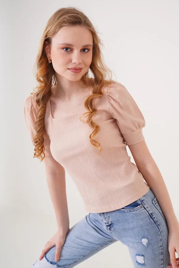 0409 Square Collar Knitted Blouse - Biscuit