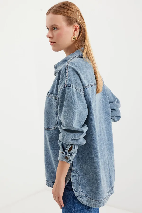 0694 Double Pocket Oversize Denim Jacket - Ice Blue
