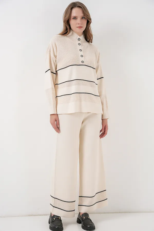 Ensemble deux pièces en maille rayée oversize pour femme 15957 - Écru