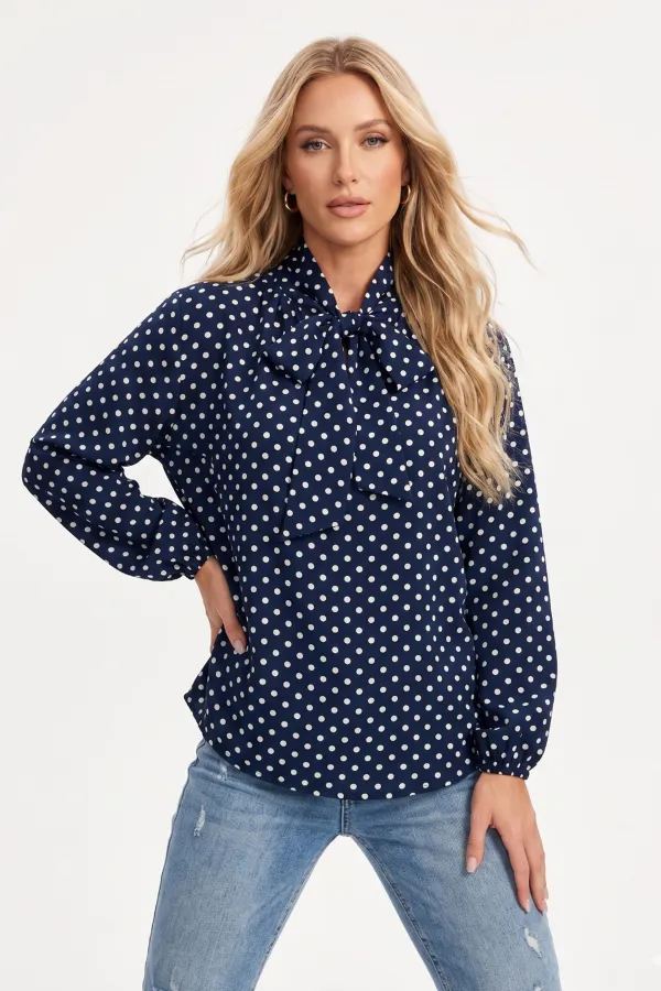 Women's Polka Dot Scarf Collar Blouse 40007 - Navy Blue