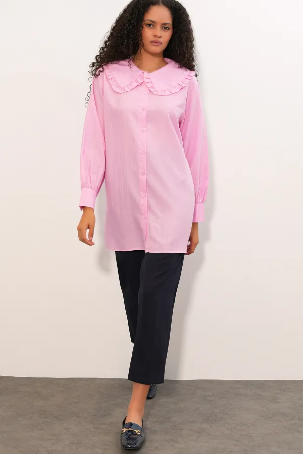 Women's Wide Collar Ruffle Detail Striped Tunic Shirt 5993 - Pink