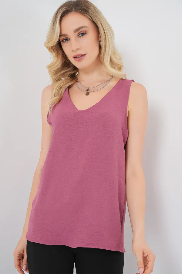 V Yaka Sıfır Kol Bluz 950 - A.Gül Kurusu