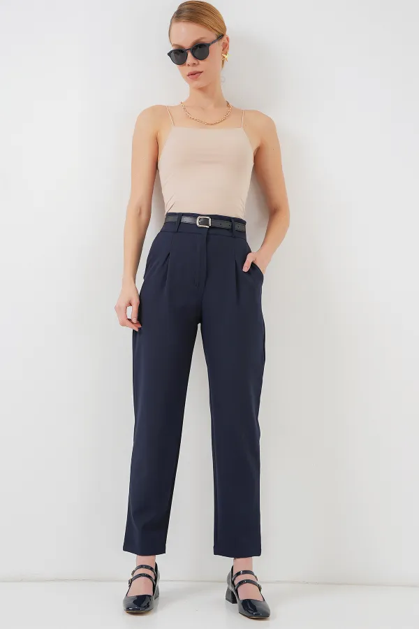 Women's Pleated Belted Fabric Trousers 6725 - Navy Blue