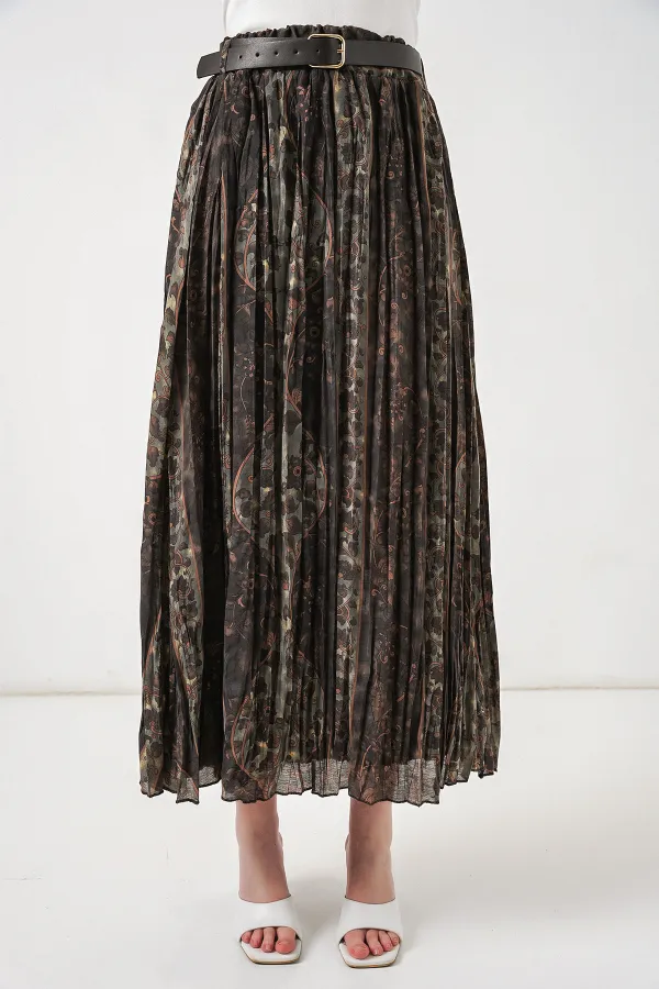 Kadın Kemerli Desenli Etek 8074 - Çağla