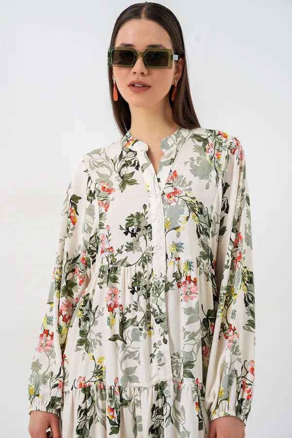 Kadın Desenli Uzun Tesettür Elbise 2585 - C. Çağla