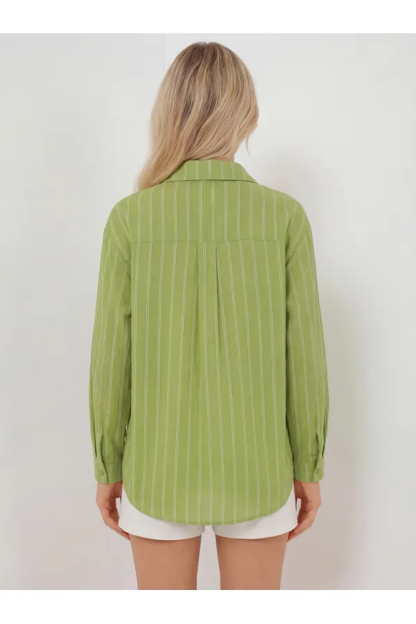 Kadın Çizgili Oversize Gömlek 20293 - E.Yeşil