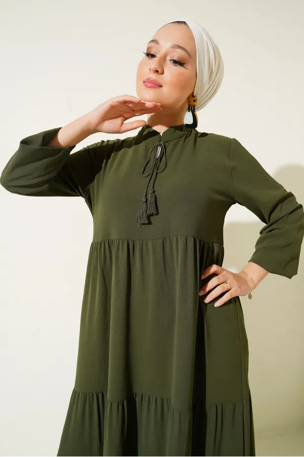 1627 Yaka Bağcıklı Tesettür Elbise - D.Haki