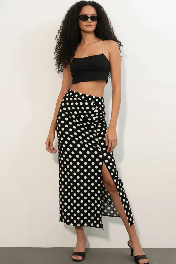 Women's Polka Dot Skirt with Slit 8082 - Black