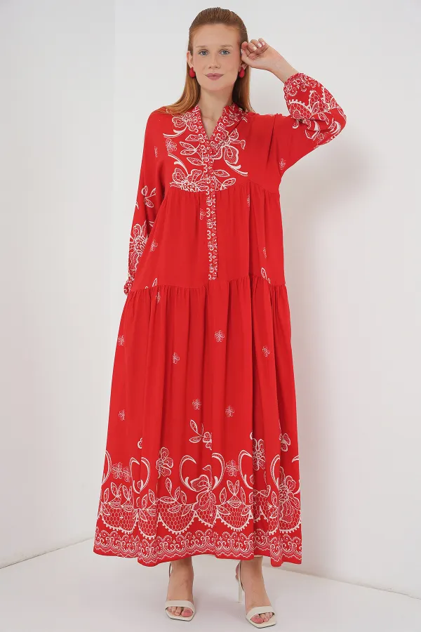 Robe longue hijab à motifs pour femme 2585 - Rouge foncé