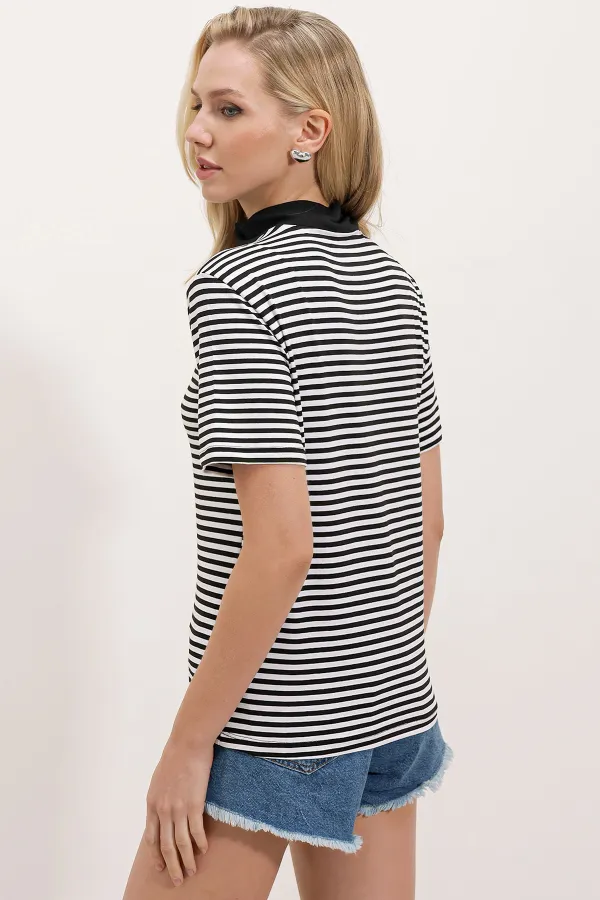 Women's Black Polo Collar Zippered Striped T-Shirt 0497